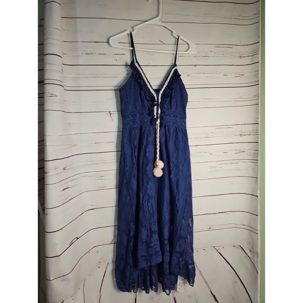 Royal Blue Floral Lace High-Low Midi Dress Pom Pom Tassel V-Neck Boho Medium